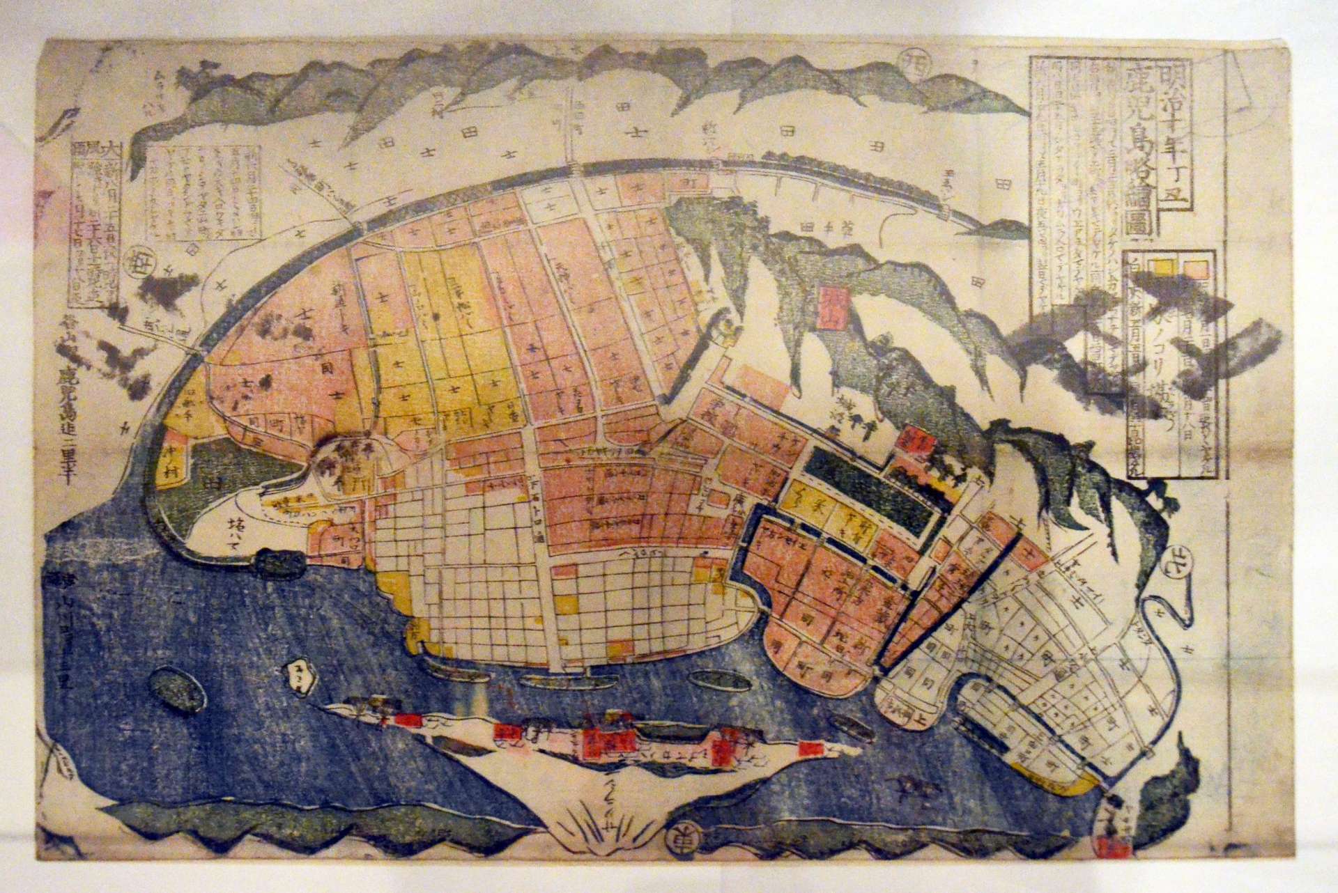 西南戦争での被災状況を色分けした「明治十年鹿児島略絵図」（黎明館蔵）