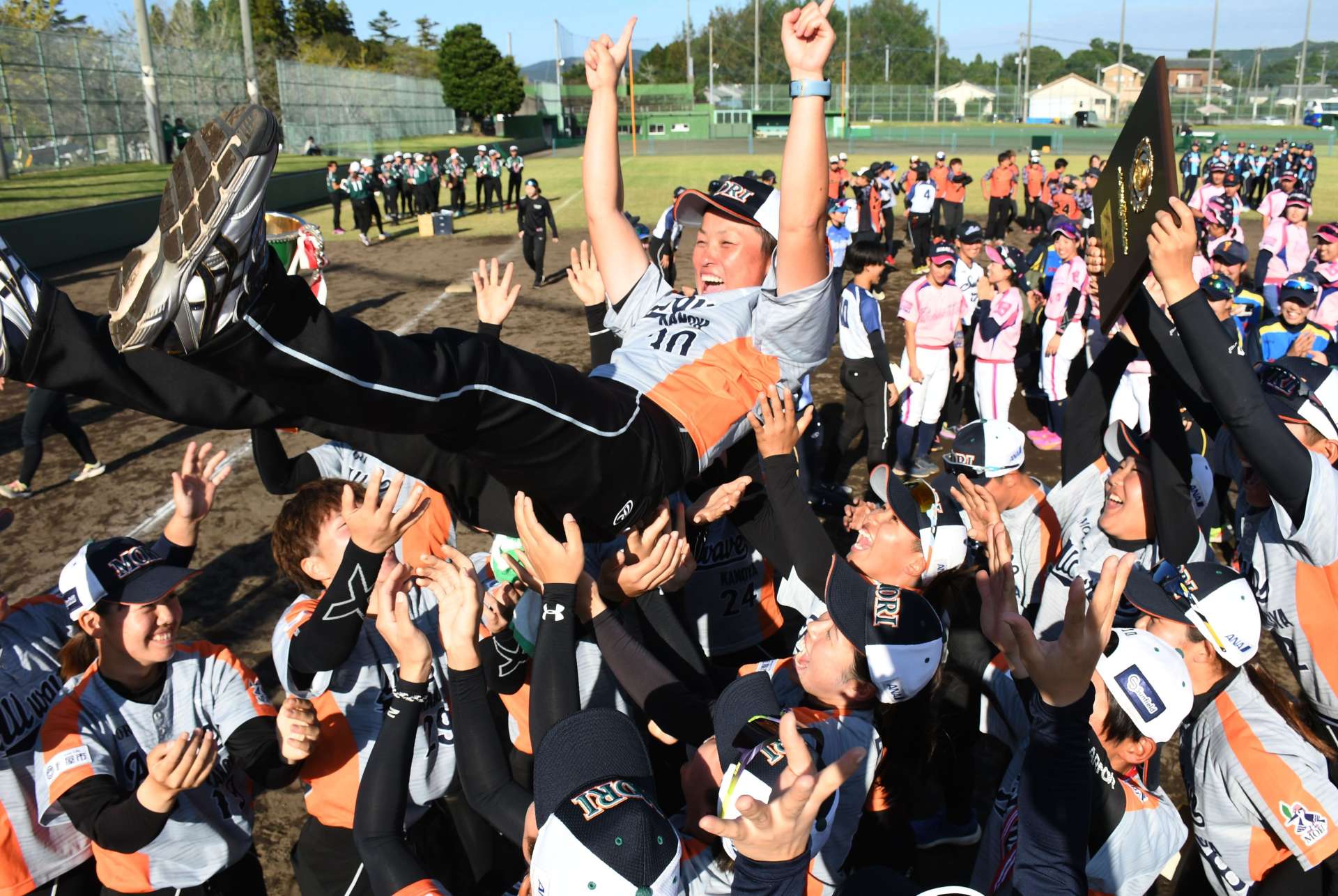 池田一未監督を胴上げして優勝を喜ぶ森ＡＷナイン＝知覧平和公園