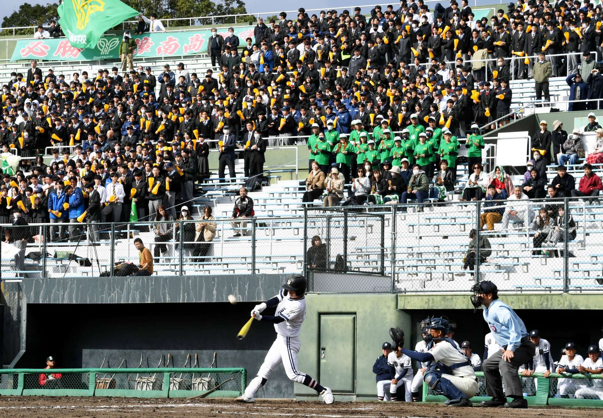 大声援を受け、白熱する樟南と鹿実の特別試合＝平和リース球場