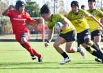 後半、甲南クラブの岩元がトライを決める＝県立サッカー・ラグビー場