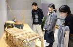 漂着ごみで作った民族楽器を鑑賞する来場者＝鹿児島市の天文館図書館