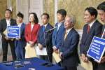 水俣病救済法案の提出後に会見する立憲民主党の議員＝６月１８日、国会