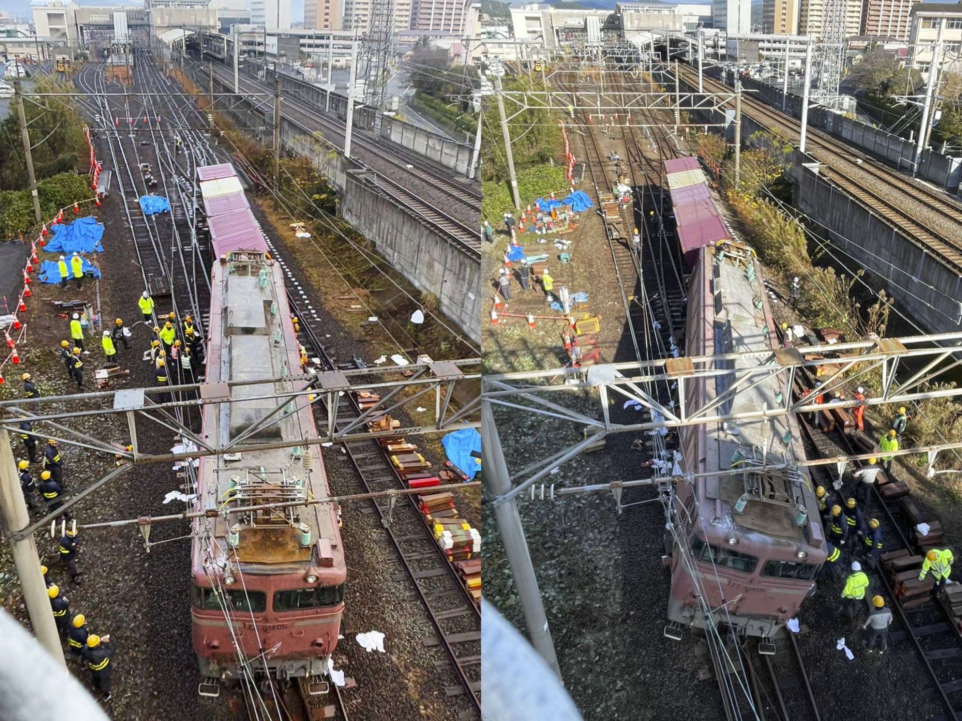 〈脱線した機関車の傾きを写真で比べる〉左は水平に近づく機関車（１６日午前８時半ごろ）。右は傾いた機関車を水平にする作業員（１５日午前１０時ごろ）＝いずれも薩摩川内市の川内駅