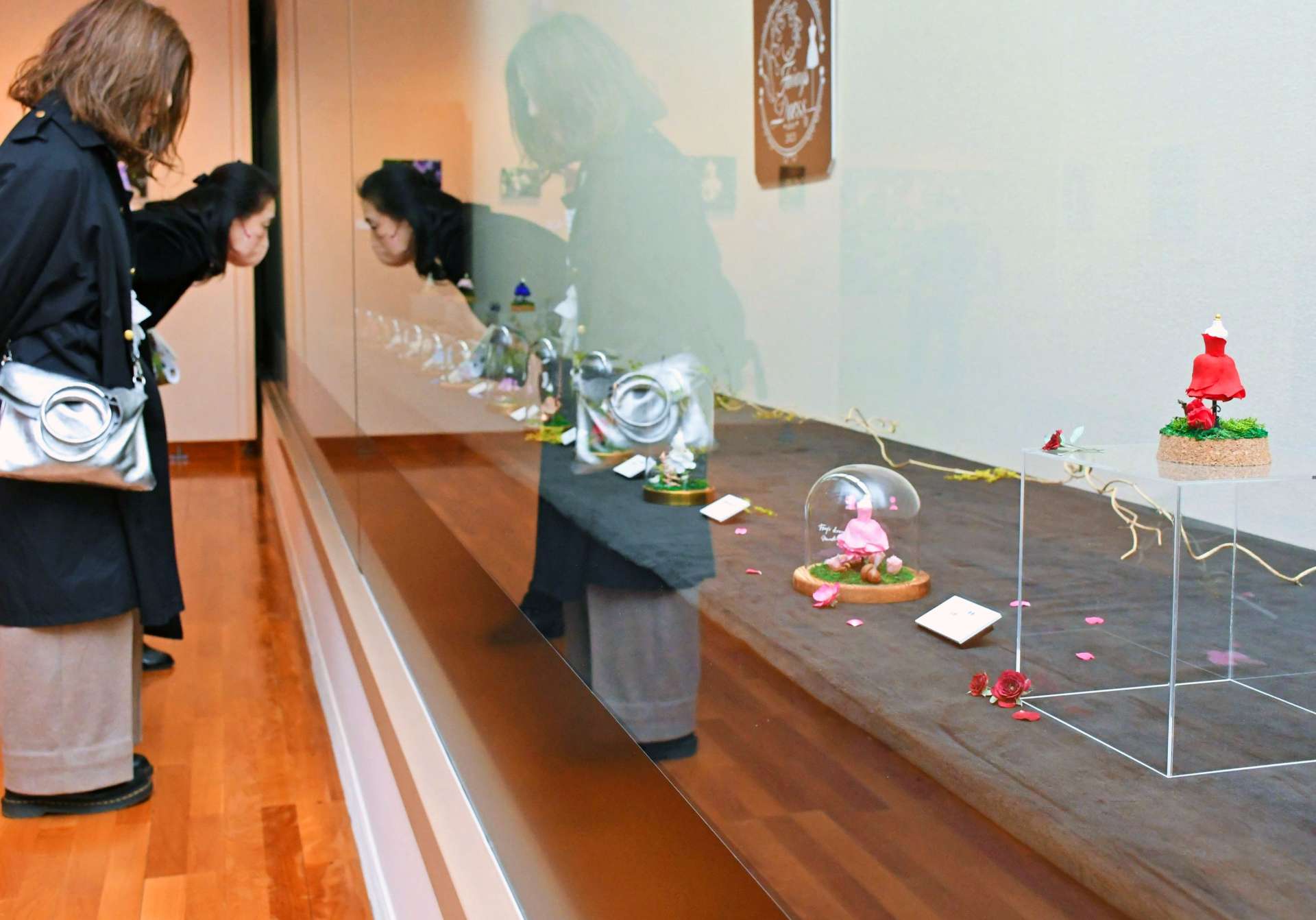 花びらで作られたドレスに見入る来場者＝鹿児島市の長島美術館