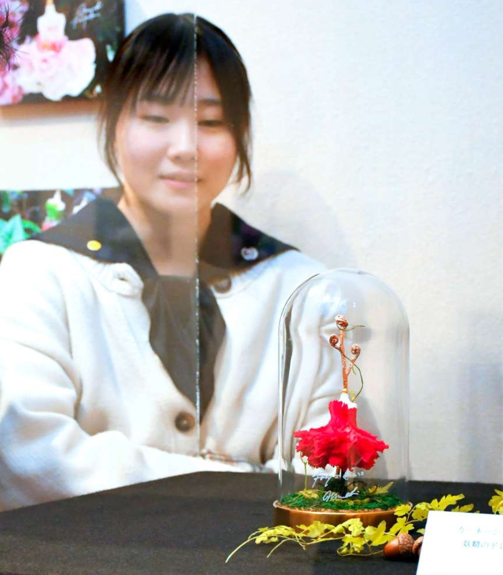 花びらで作られたドレスに見入る来場者＝鹿児島市の長島美術館
