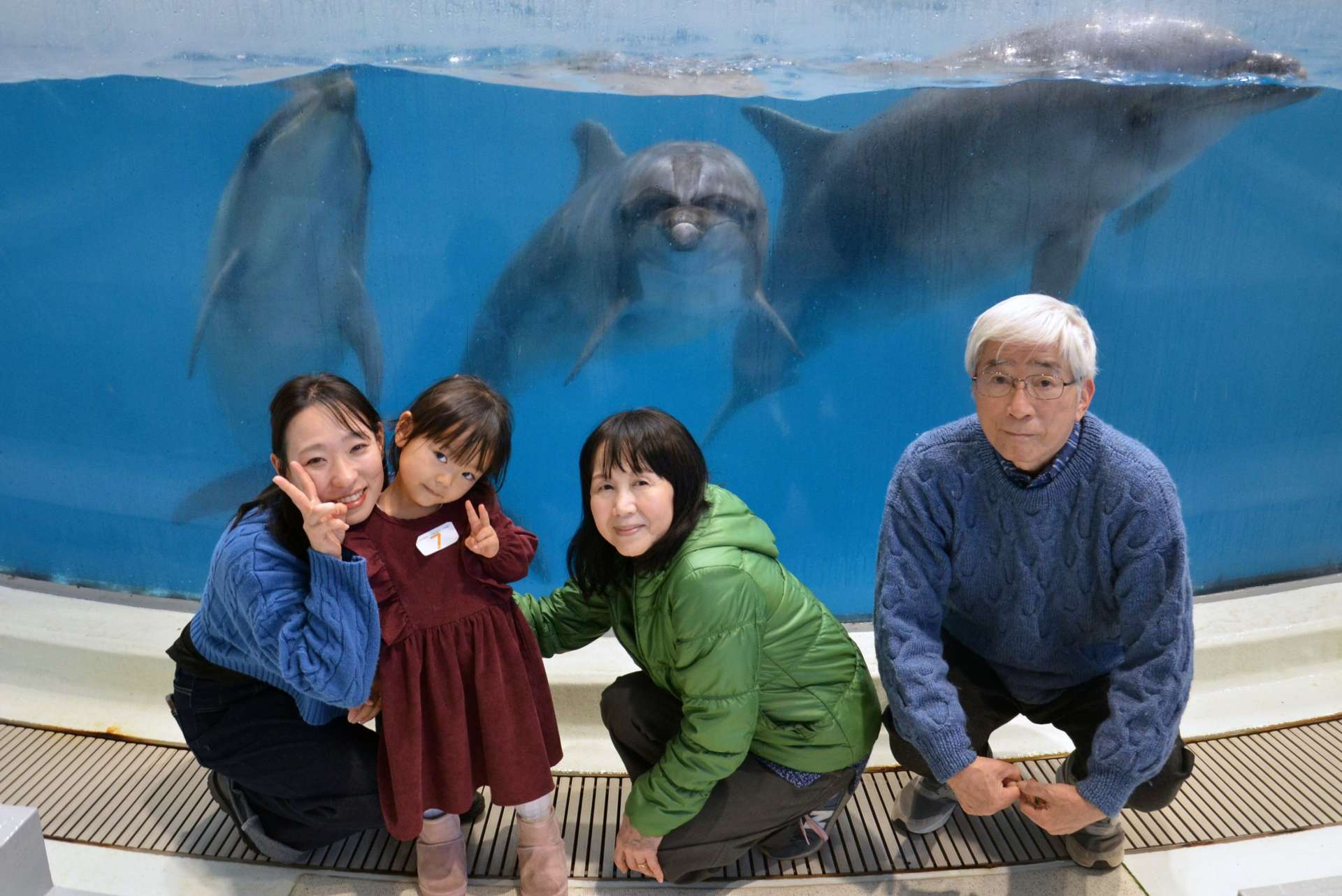 イルカと記念撮影する参加者＝鹿児島市のかごしま水族館