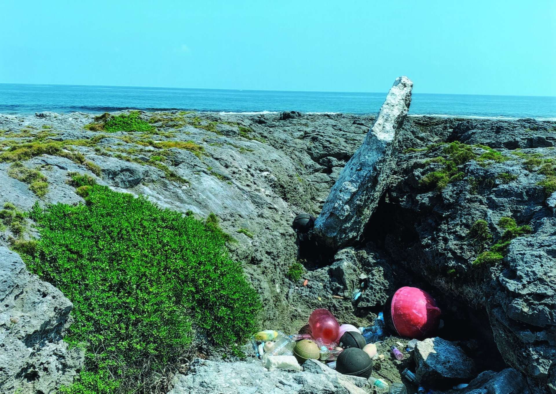 受賞作「大好きなきかい島の海」の「×」写真。海岸の岩場に散乱するごみを写した（出光興産提供）