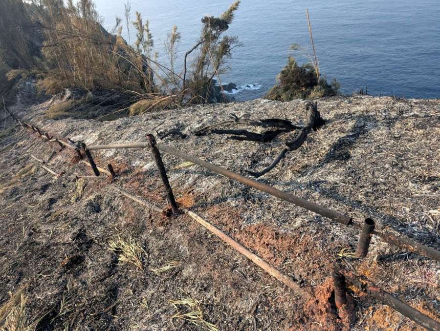 鎮火が確認された三島村硫黄島の山林火災跡＝２４日午後２時ごろ（同村提供）