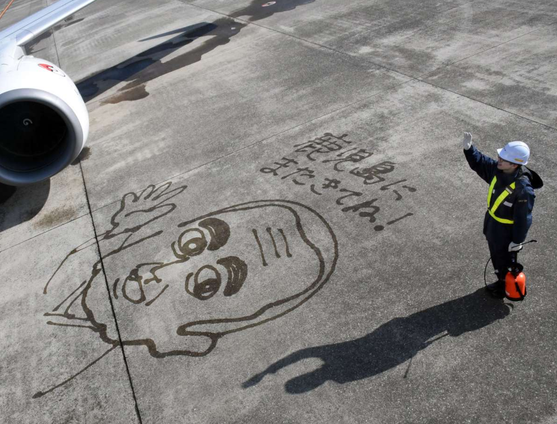 駐機する航空機のそばに水で描かれた大きな西郷どんのイラスト＝霧島市の鹿児島空港