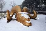 雪で覆われた野外アート作品＝２８日午後０時半ごろ、湧水町木場の霧島アートの森