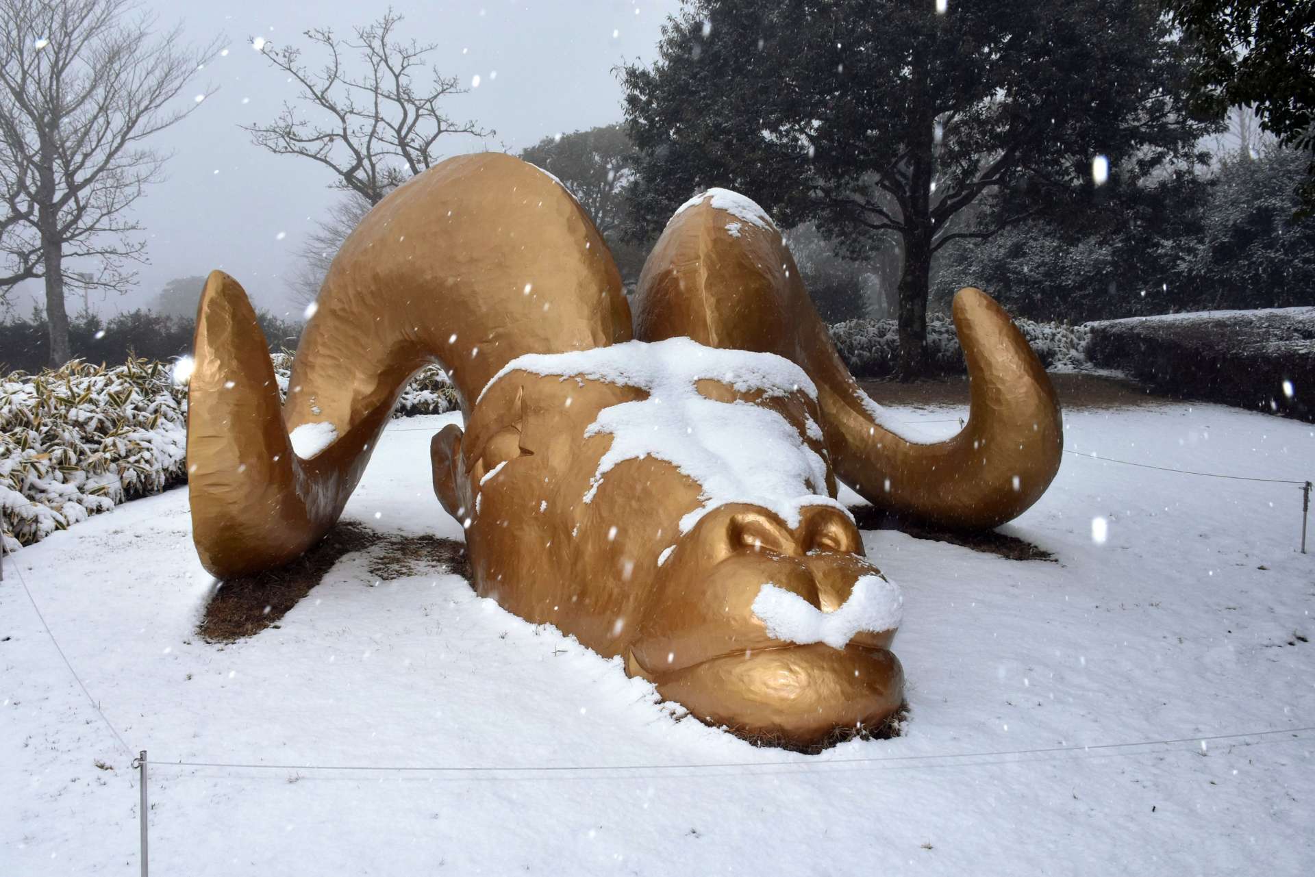 雪で覆われた野外アート作品＝２８日午後０時半ごろ、湧水町木場の霧島アートの森