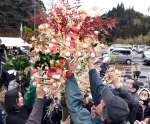 無病息災を願い、華やかなダゴ花に手を伸ばす参加者＝２日、志布志市の田之浦ふるさと交流館