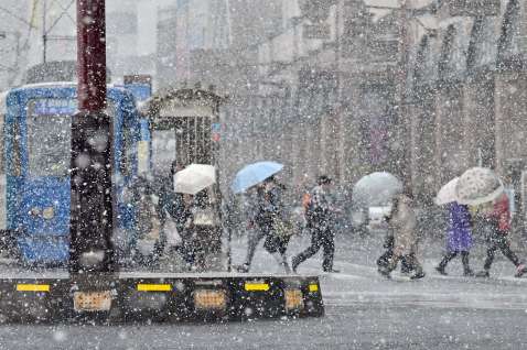 降りしきる雪の中、横断歩道を渡る人たち＝４日午前１０時３８分、鹿児島市金生町