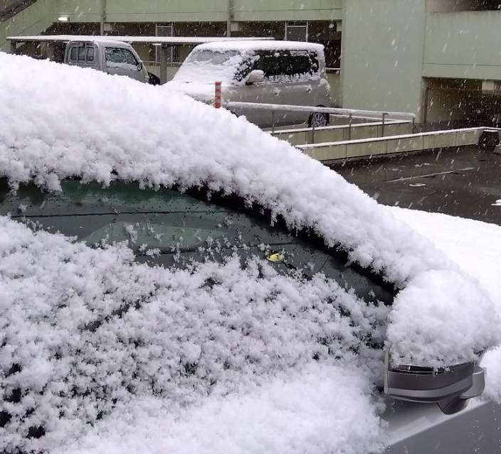 鹿児島市の高台では屋根や車の上などに２センチほど積雪した＝４日午前８時ごろ、鹿児島市大明丘3丁目