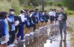 外来植物を観察する生徒＝龍郷町浦