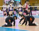 試合中にヴィクトリーナ姫路の選手のそばでコートを拭く川内高校のバレーボール部員ら＝薩摩川内市のサンアリーナせんだい