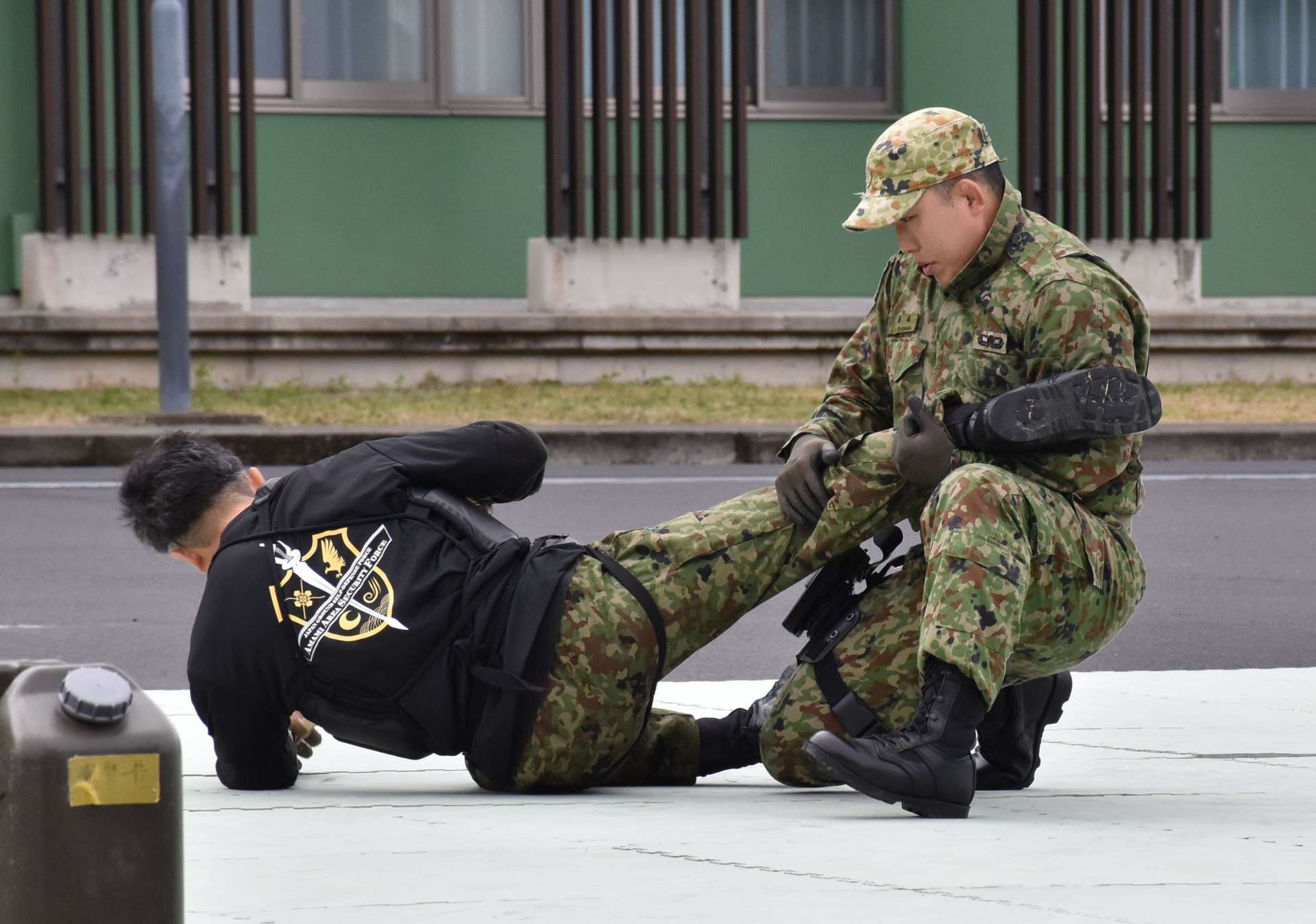 １対１の格闘を披露する隊員＝奄美市名瀬の陸自奄美駐屯地