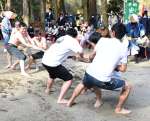 豊年を占うカギヒキに参加する市職員＝９日、志布志市の安楽神社