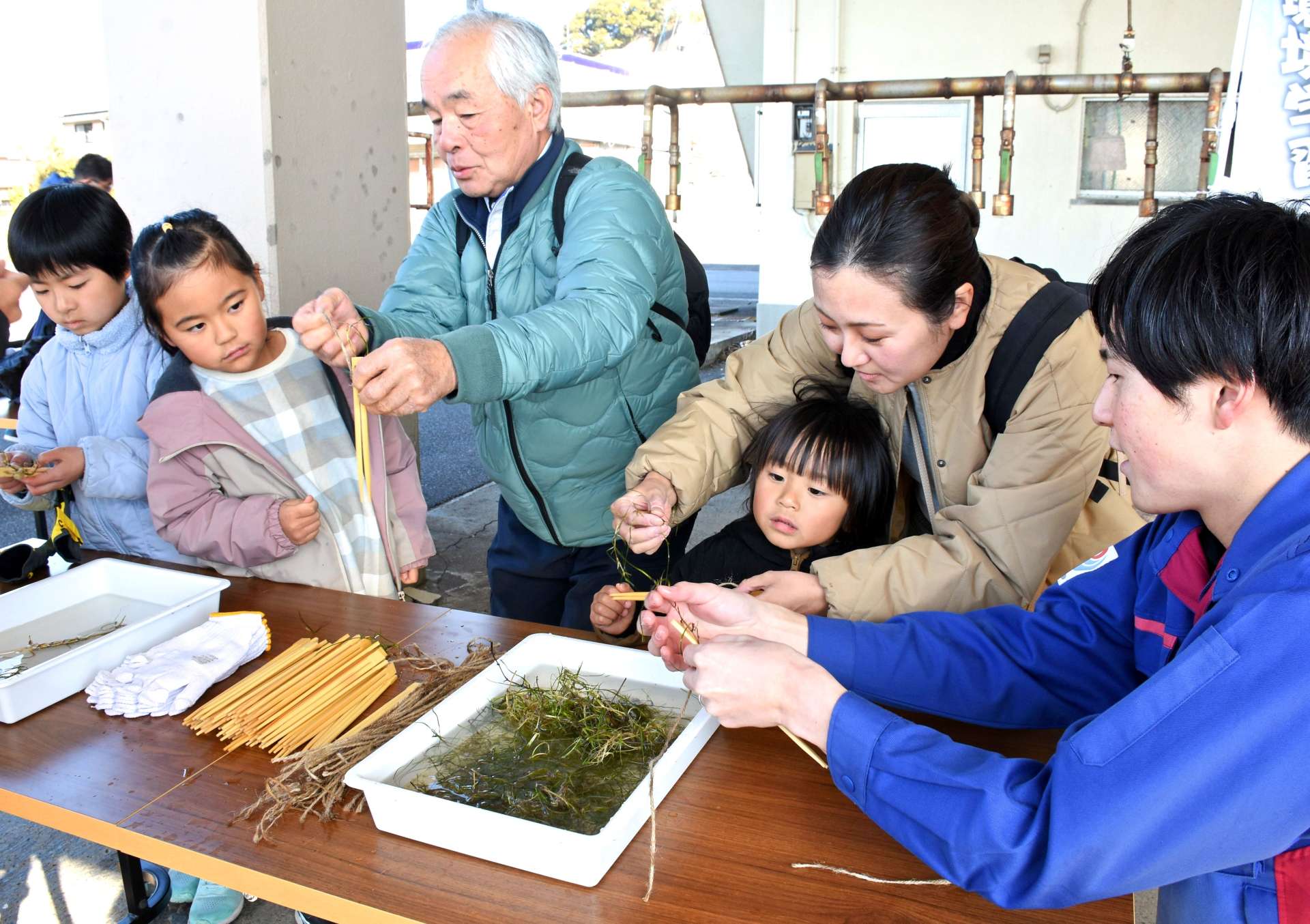 アマモの苗付け準備に挑戦する子どもたち＝志布志市の志布志漁業協同組合