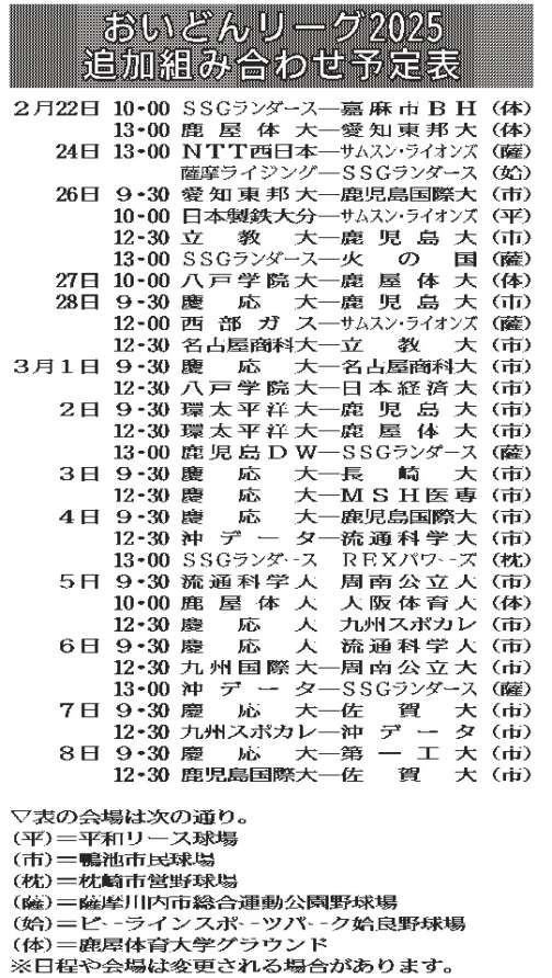 おいどんリーグ2025追加組み合わせ予定表