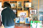 志布志のネコを撮影した写真が並ぶ会場＝２２日、志布志市の清水氏庭園