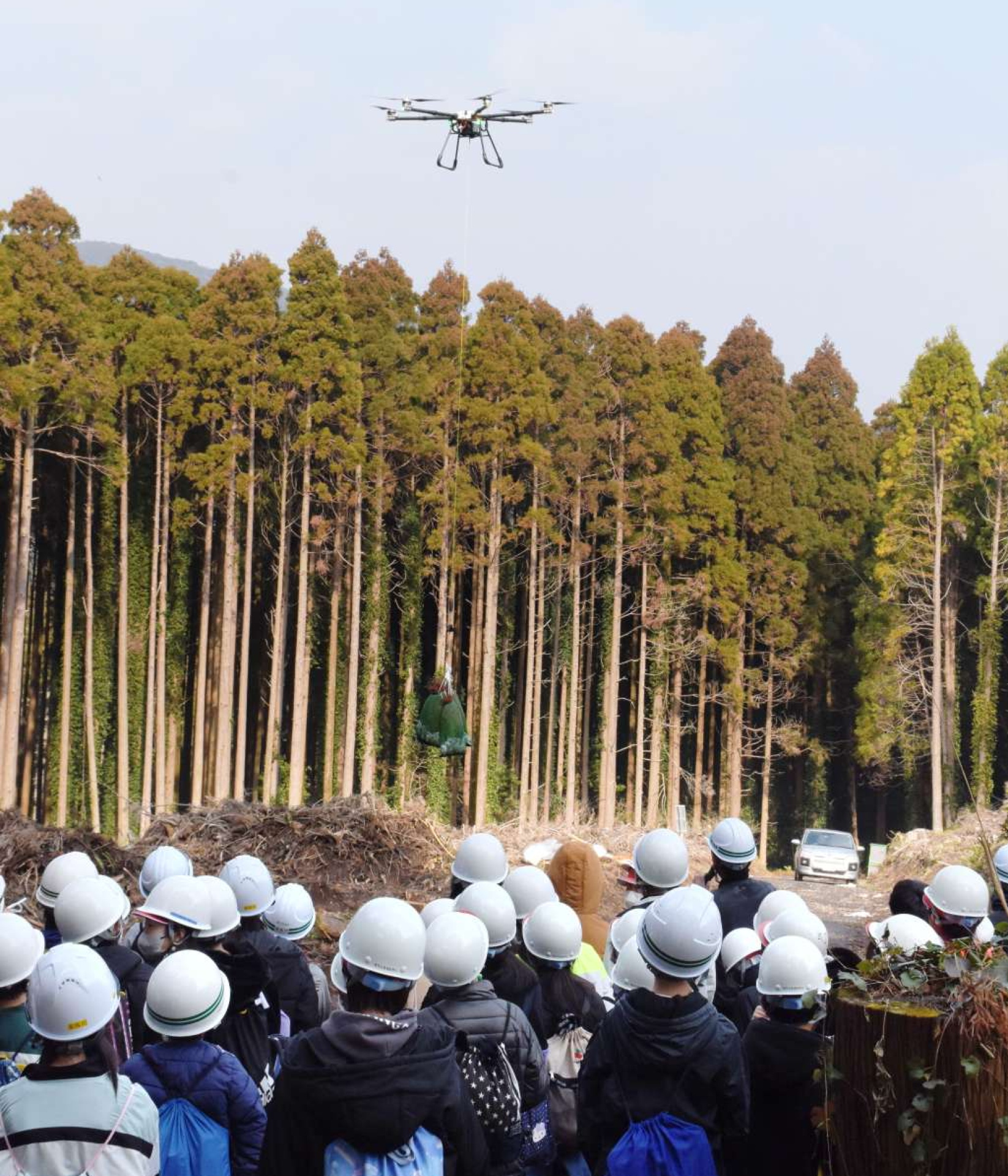 ドローンで杉の苗木を運ぶ様子を見学する児童ら＝指宿市西方