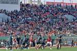 鹿児島初開催の公式戦を楽しむラグビーファン＝１日午後、鹿児島市の白波スタジアム