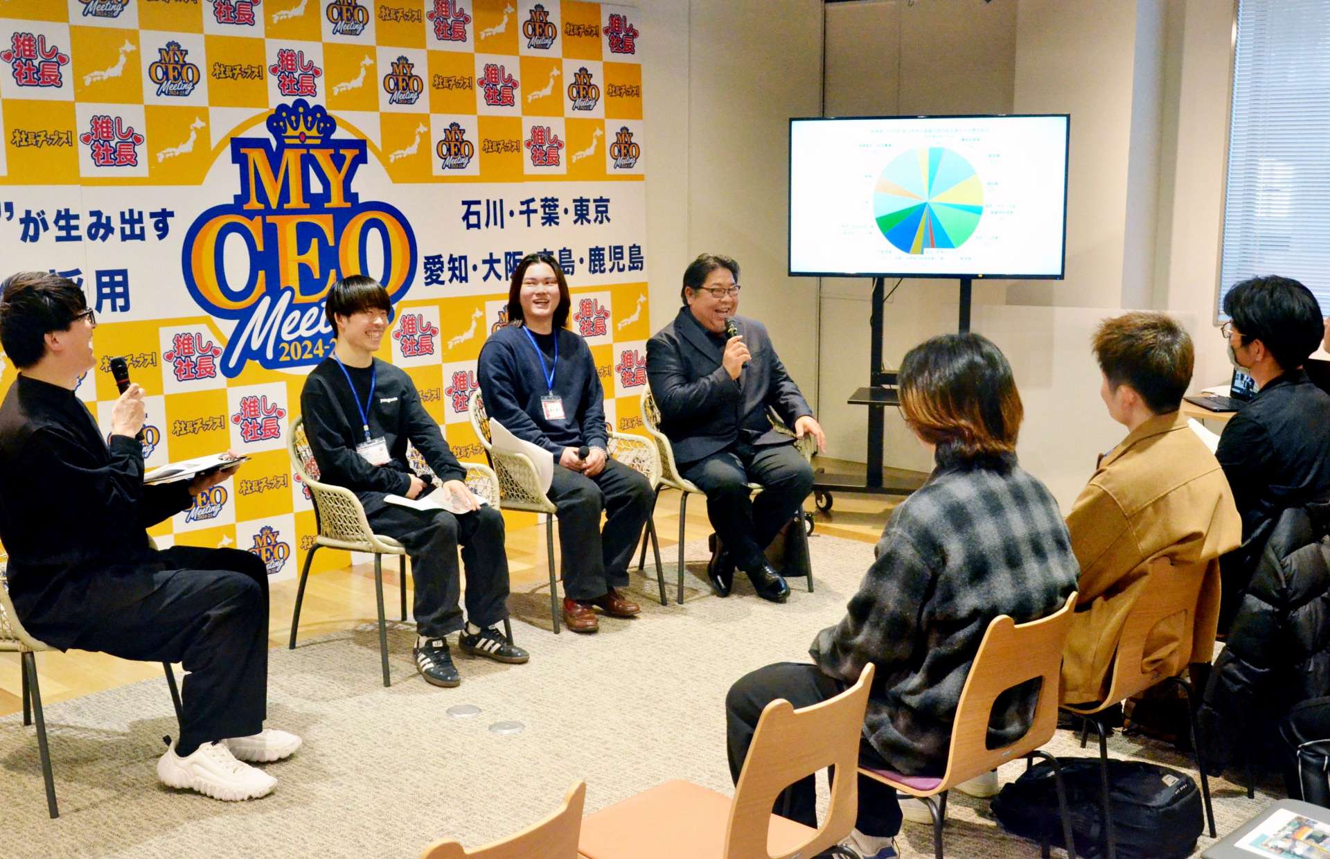 学生とトークディスカッションをする西製茶の西利実社長（左から４人目）＝７日、鹿児島市のマークメイザン