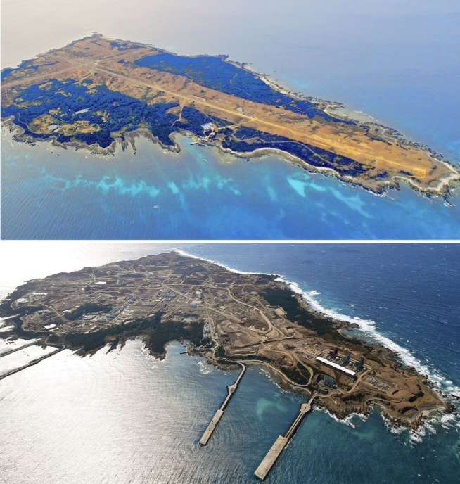〈馬毛島の変化を写真で見比べる〉上空から見た馬毛島。上は２０２３年１月１２日撮影、下は２５年１月１０日撮影＝いずれも本社チャーター機から