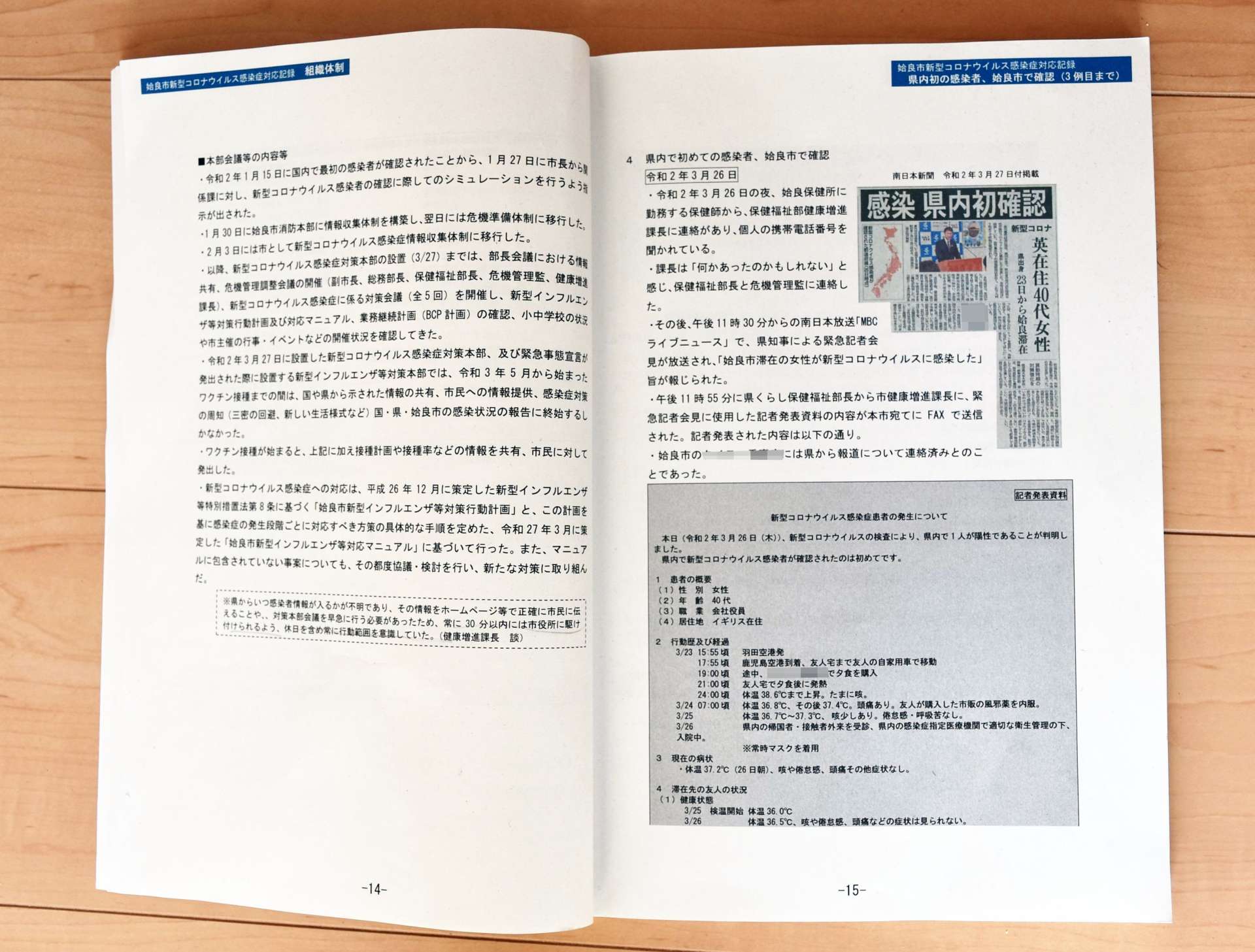 姶良市で県内初の感染者が確認された際の県とのやりとりなどが記された記録誌（画像は一部加工してあります）