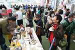 お茶を試飲する来場者＝２９日、鹿児島市のＪＲ鹿児島中央駅前アミュ広場
