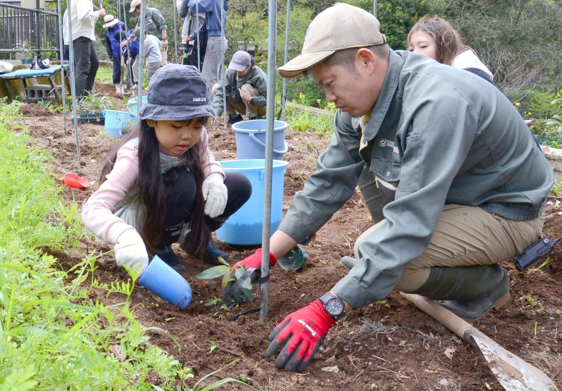 ユーカリの苗木を植える参加者＝２９日、鹿児島市の平川動物公園