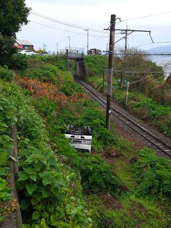 線路脇に転落したトラック＝１日午後４時５５分、鹿児島市吉野町