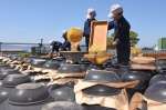 春の青空の下、黒酢の仕込みをする職人たち＝７日、霧島市福山町福山