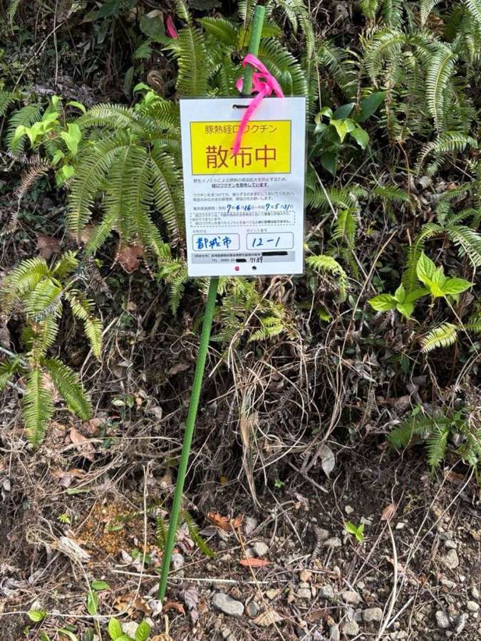 経口ワクチン散布場所を知らせる掲示＝１６日、都城市内（宮崎県提供）