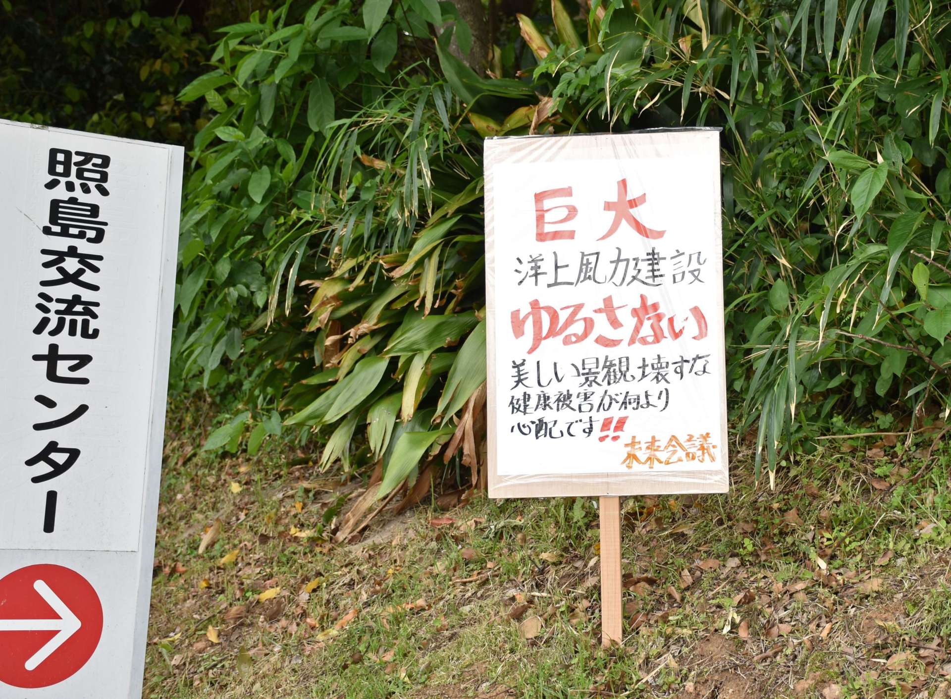 洋上風力発電計画に反対する看板＝２５日、いちき串木野市