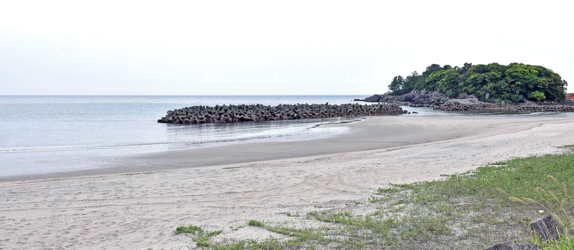 洋上風力発電の候補海域として県が情報提供した薩摩半島西方沖を望む海岸＝２５日、いちき串木野市の照島海岸