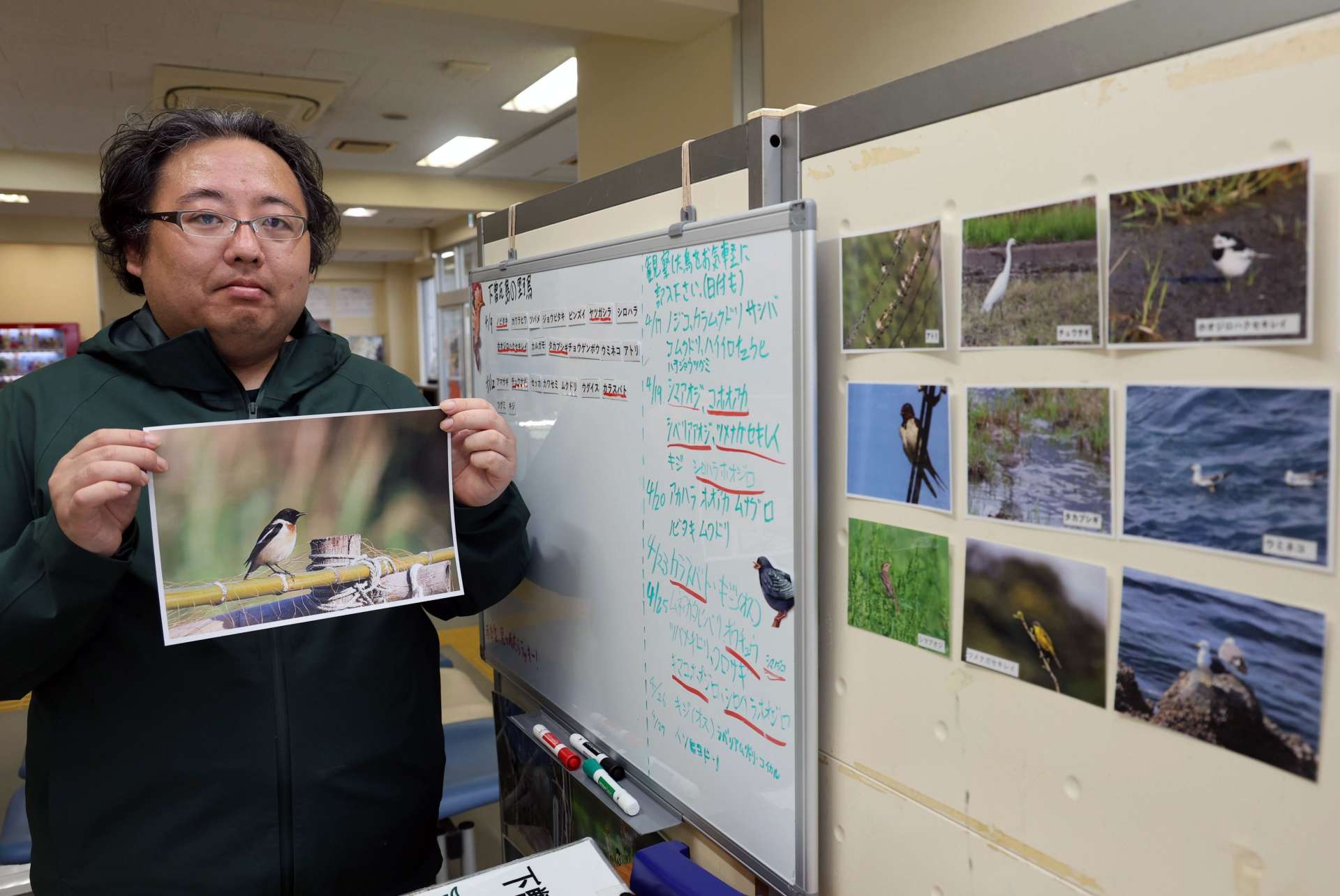 観察できた鳥の名称や写真を掲示している桒田康輔さん＝薩摩川内市の下甑島観光案内所