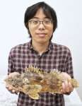 〈関連〉新種と判明したダイオウカサゴの標本を持つ松本達也特任助教＝１３日、鹿児島市の鹿児島大学