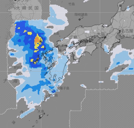 〈関連〉16日午後8時の雨雲予想（気象庁ホームページより）