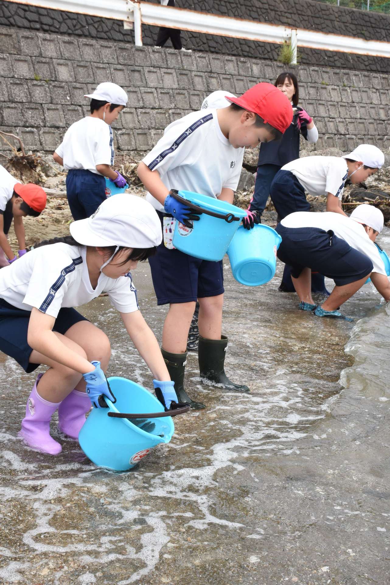 ヒラメの稚魚を放流する児童＝１６日、出水市荘