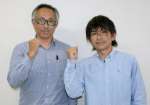 曽於チーム躍進を誓う男子の松下泰平監督（右）と女子の鈴木泰一監督＝１９日、大崎町中央公民館