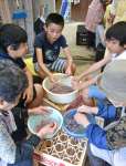 手でキビナゴを開いていく子どもたち＝南大隅町根占