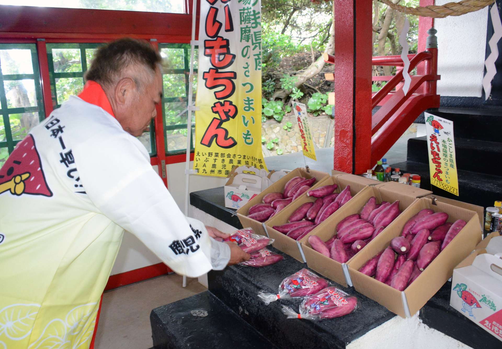 初荷のサツマイモを奉納する生産者＝２９日、南九州市の釜蓋神社