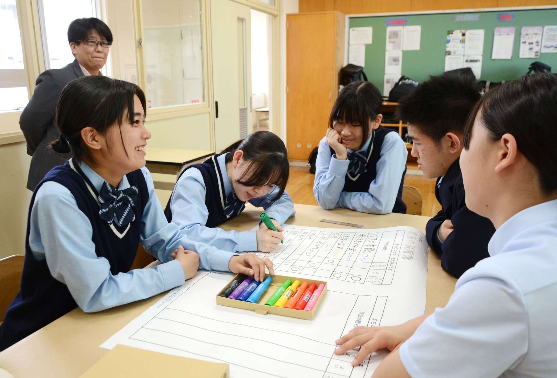 さつま町の通信簿をつける薩摩中央高校生＝さつま町虎居