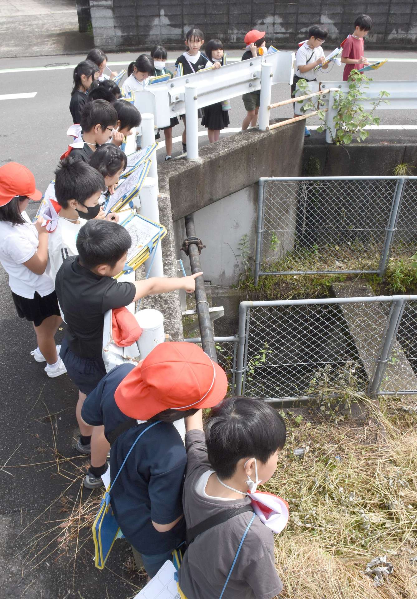用水路の様子を確認する児童＝５月３０日、出水市西出水町