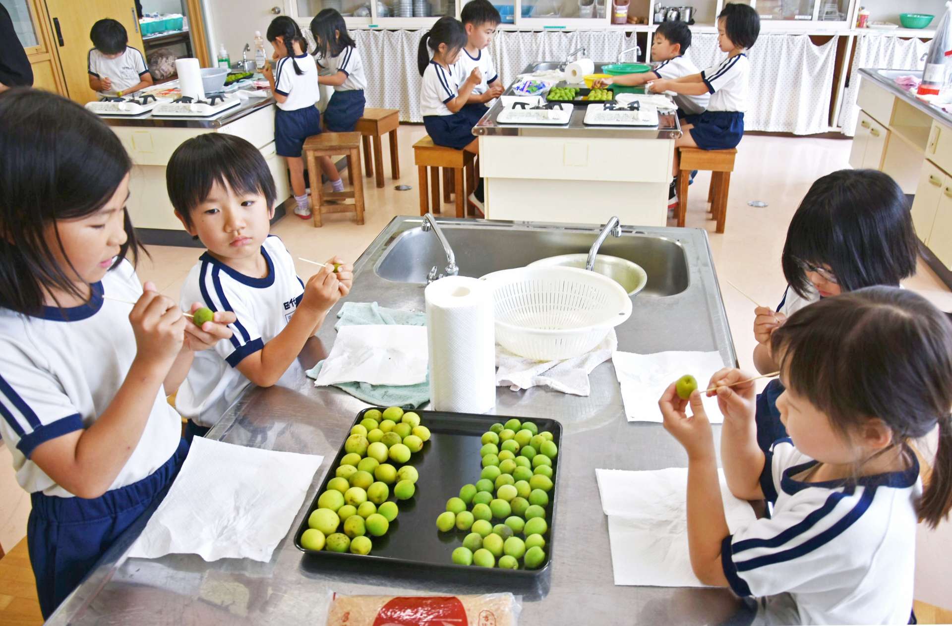 梅に穴を開けて、ジュース作りに挑戦する児童＝６日、錦江町の田代小学校