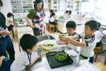 梅ジュース作りに挑戦する児童ら＝６日、錦江町の田代小学校
