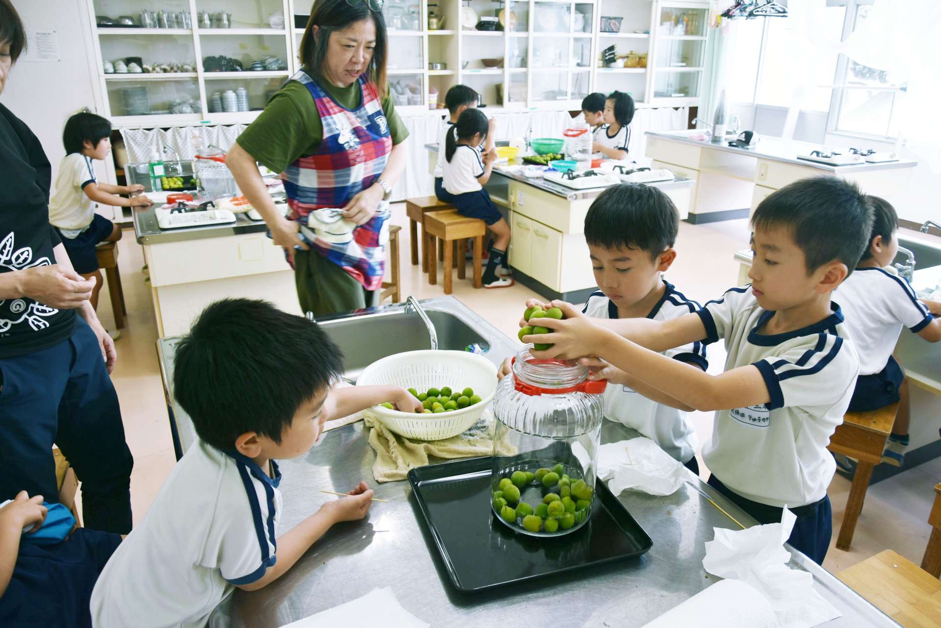 梅ジュース作りに挑戦する児童ら＝６日、錦江町の田代小学校