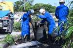 ドラム缶内の廃油を処理する作業員ら＝１７日、南種子町中之上